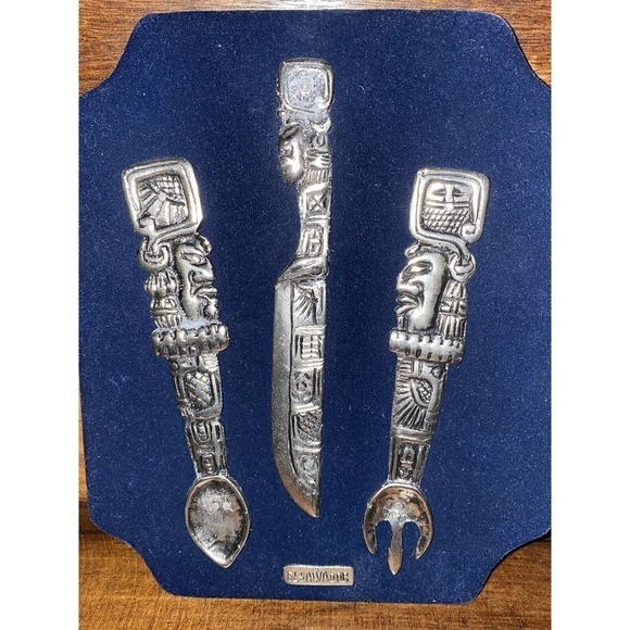 El Salvador Mayan Utensils Fork Knife Spoon Replica Souvenir Picture Wall Art - Picture 1 of 10